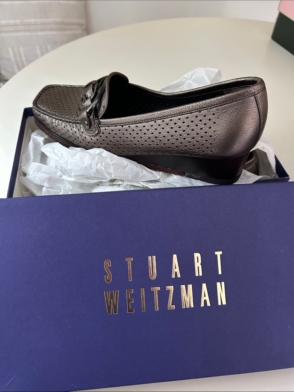 Women’s Stuart Weitzman Metallic Pewter Wedge Loafers - Nwt